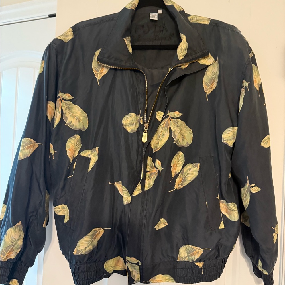 Black Leaf Print Silk Bomber Jacket